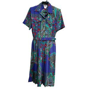 Vintage Leslie Fay Petite 10P Dress With Belt Paisley Peacock Floral Print